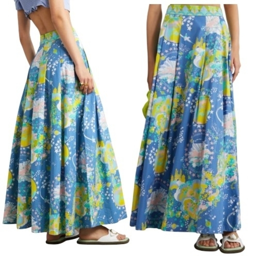 Emporio Sirenuse Flaminia Pleated Printed Cotton Blue & Green A-Line Skirt NWT